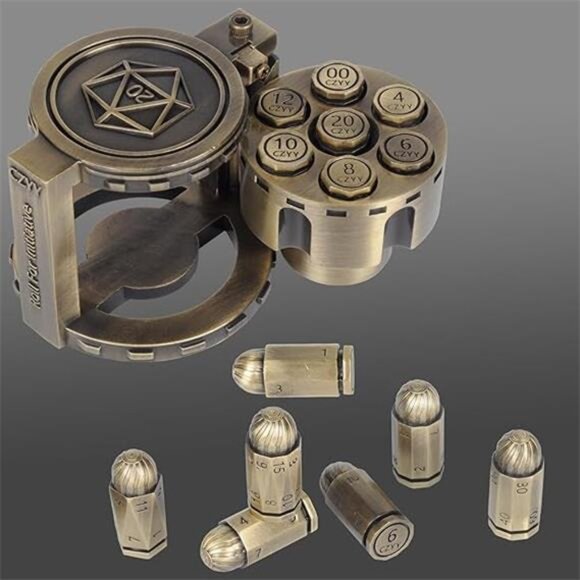 Metal Polyhedral Bullet Dice Set of 7 with Spinning Revolver Cylinder Container - Picture 6 of 6